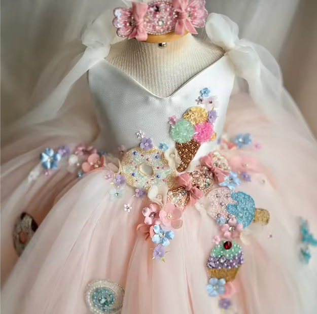 Mannequin wearing a decorative dress with colorful embellishments on a neutral background