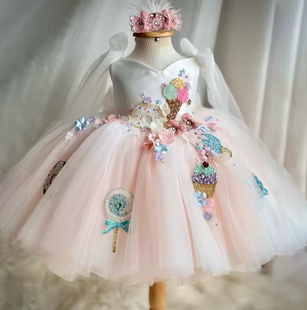 Decorative dress with ice cream cone and lollipop designs on a mannequin against a neutral background.