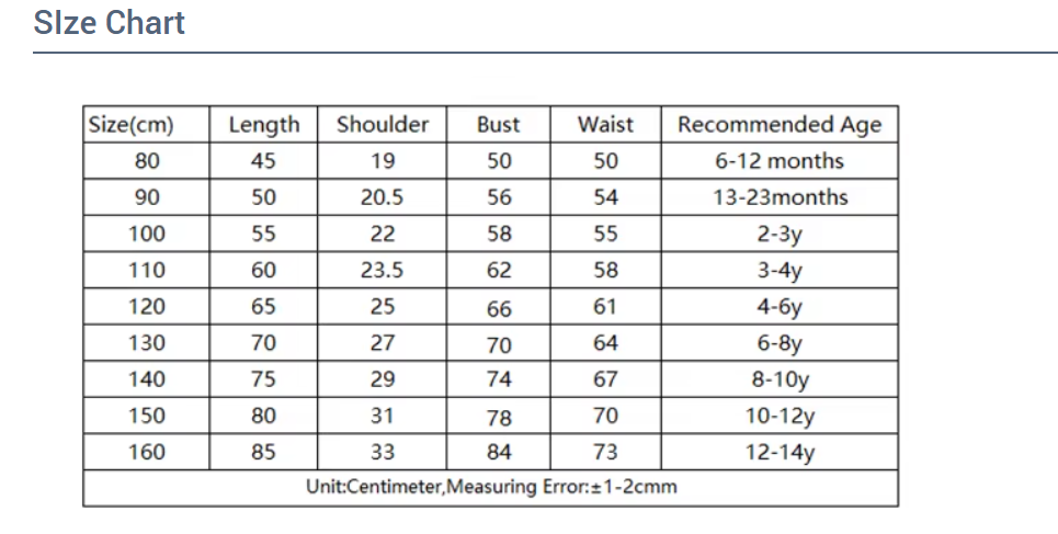 Size chart for children's clothing with measurements in centimeters and recommended ages.