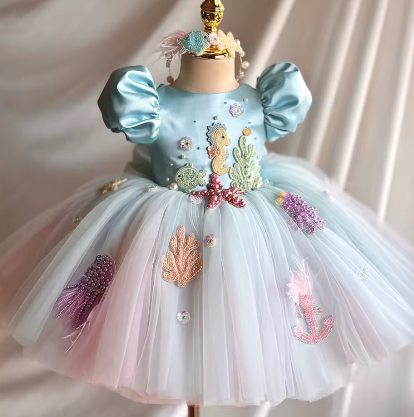 V Desi Girls’ Embroidered Party Dress – Sea Horse & Underwater Theme | Baby Girl Birthday Outfit | Puff Sleeve Princess Dress | Summer Birthday Outfit
