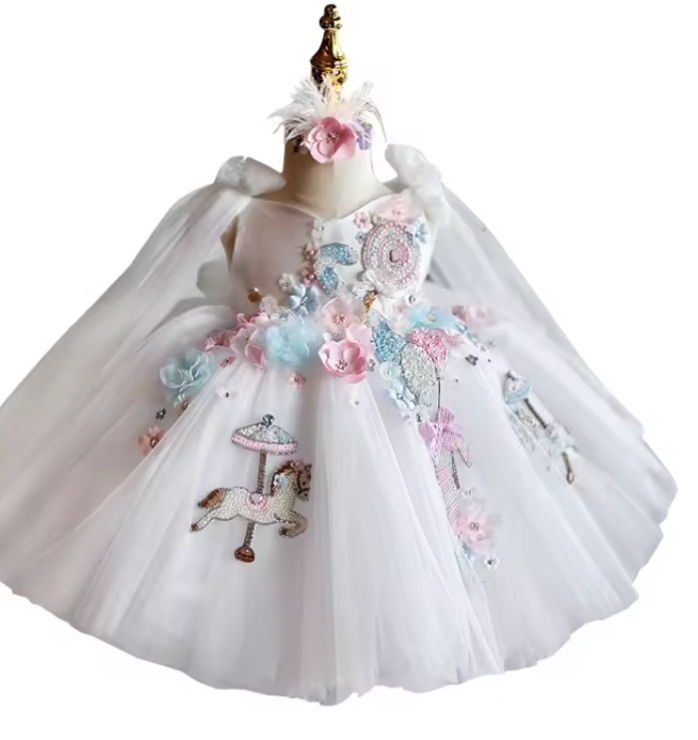 V Desi Girls’ Embroidered Party Dress 2025 – Floral Beaded Carousel Horse Princess Dress for Birthday & Weddings