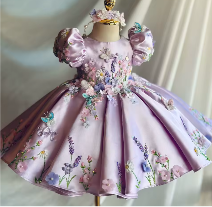 V Desi Purple Silk Girls’ Dress – Floral Embroidered Princess Dress with Custom Name Personalization