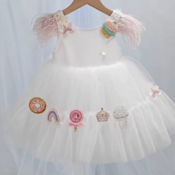 V Desi Baby & Toddler Girls’ cotton candy Dress – Handmade Beaded Appliqué Flower Girl Dress with Feather Sleeves