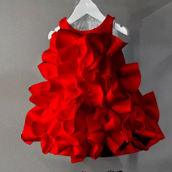 V Desi Mini Chin Ruffle Satin Dress | Girls Designer Party & Birthday Wear