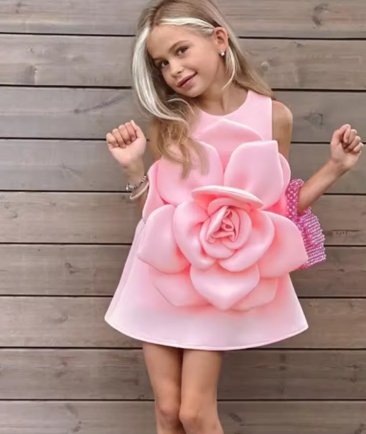 V Desi Mini Chic Big Flower Ensemble Dress | Designer Satin Birthday & Party Dress for Girls