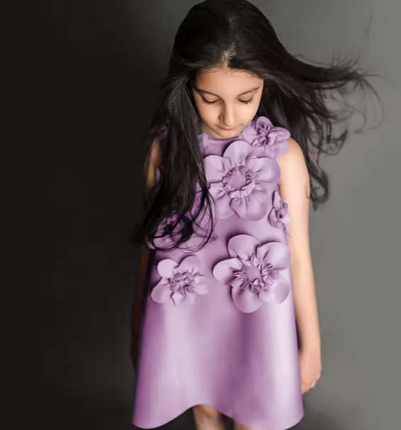 V Desi Mini Chic Purple Floral Satin Dress | Straight Silhouette Designer Girls Outfit