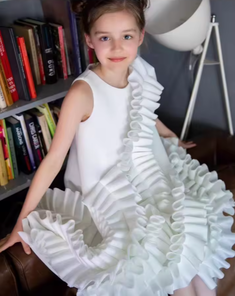 V Desi Mini Chic White Ruffle Satin Dress | Girls Designer Birthday & Party Outfit