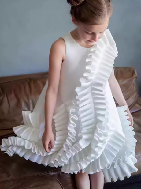 V Desi Mini Chic White Ruffle Satin Dress | Girls Designer Birthday & Party Outfit