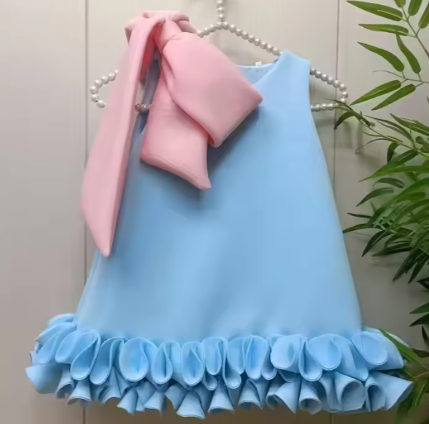 V Desi Mini Chic Sky Blue & Yellow A-Line Dress with Bow | Linen-Cotton Formal Summer Wear for Girls
