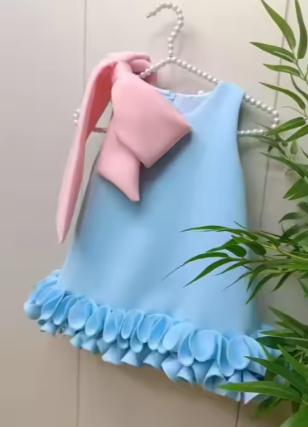 V Desi Mini Chic Sky Blue & Yellow A-Line Dress with Bow | Linen-Cotton Formal Summer Wear for Girls
