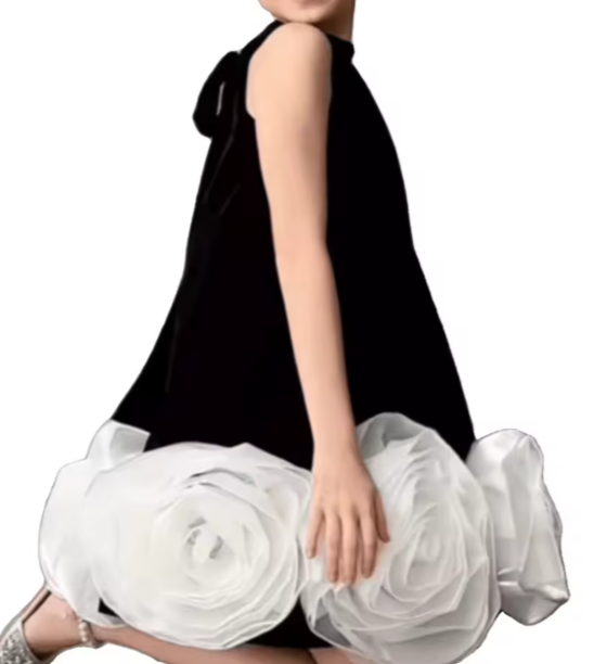 V Desi Mini Chic Black Tent Dress with White Organza Flower Hem | Designer Girls Party Outfit