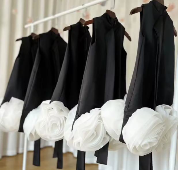 V Desi Mini Chic Black Tent Dress with White Organza Flower Hem | Designer Girls Party Outfit