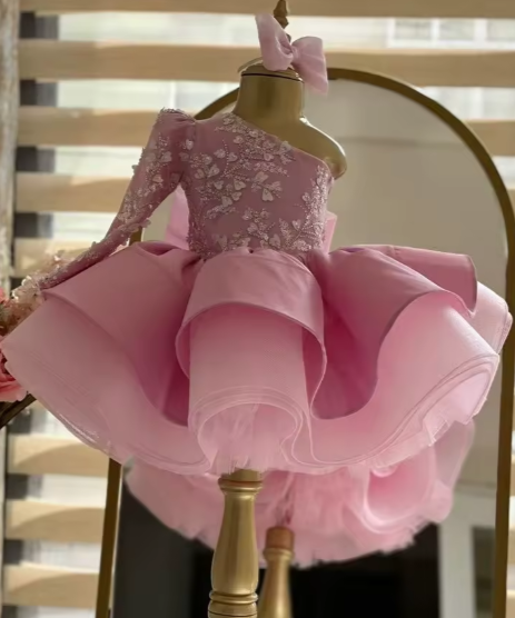 V Desi Vougue Collection | European-American Style Puff Ball Gown | One-Sleeve Embroidered Party Dress for Girls
