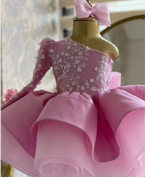 V Desi Vougue Collection | European-American Style Puff Ball Gown | One-Sleeve Embroidered Party Dress for Girls