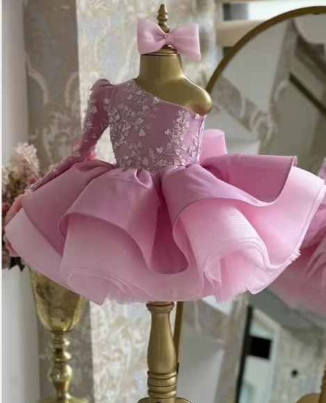 V Desi Vougue Collection | European-American Style Puff Ball Gown | One-Sleeve Embroidered Party Dress for Girls