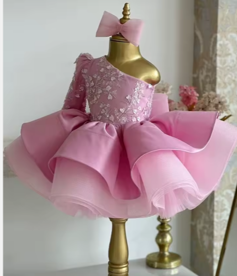 V Desi Vougue Collection | European-American Style Puff Ball Gown | One-Sleeve Embroidered Party Dress for Girls