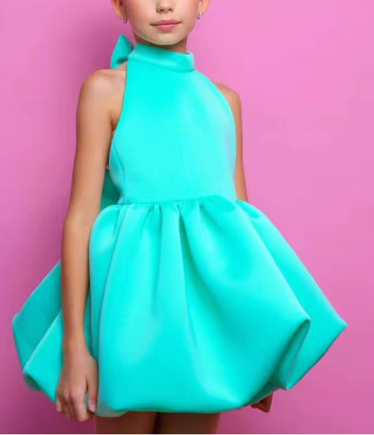 Mini Chic Collection | Teal Blue Lycra Halter Neck Dress with Structured Bubble Hem & Back Bow Detail