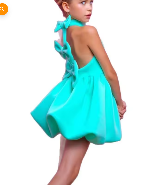 Mini Chic Collection | Teal Blue Lycra Halter Neck Dress with Structured Bubble Hem & Back Bow Detail