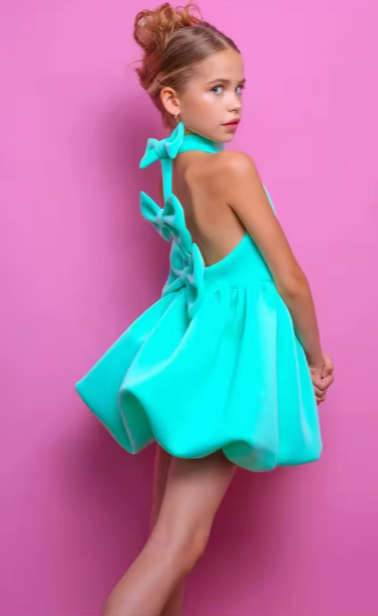 Mini Chic Collection | Teal Blue Lycra Halter Neck Dress with Structured Bubble Hem & Back Bow Detail
