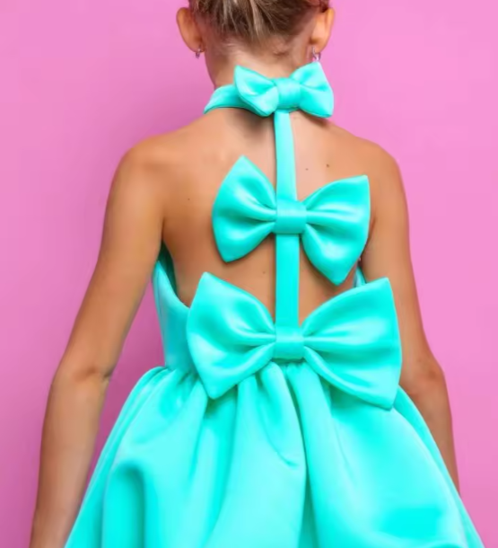 Mini Chic Collection | Teal Blue Lycra Halter Neck Dress with Structured Bubble Hem & Back Bow Detail