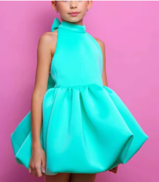 Mini Chic Collection | Teal Blue Lycra Halter Neck Dress with Structured Bubble Hem & Back Bow Detail