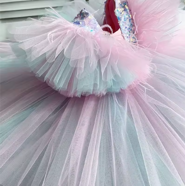 Mini Chic Collection | Pastel Tulle Toddler Frock with Ruffles, Fur & Sequins | V-Neck Party Dress with Cap Sleeves