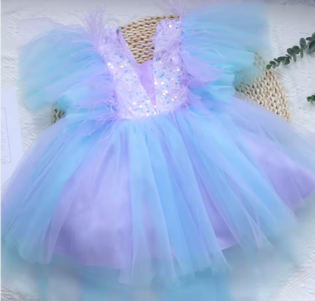 Mini Chic Collection | Pastel Tulle Toddler Frock with Ruffles, Fur & Sequins | V-Neck Party Dress with Cap Sleeves