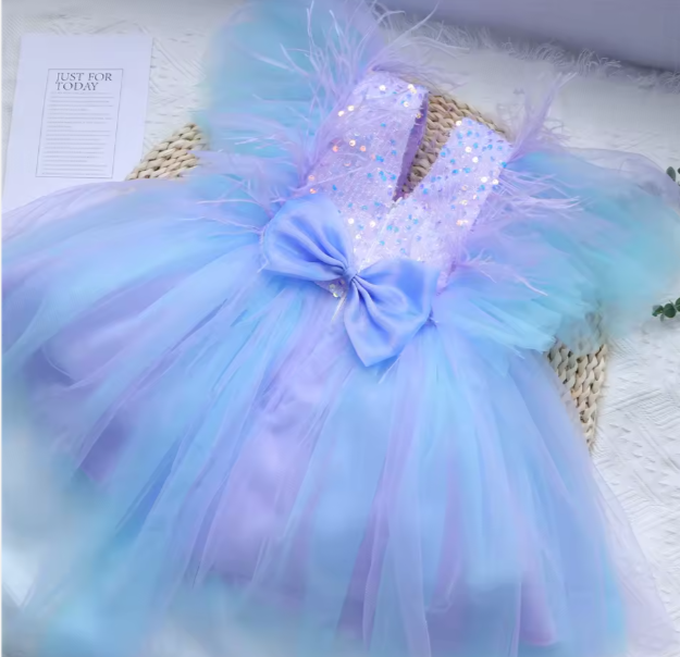 Mini Chic Collection | Pastel Tulle Toddler Frock with Ruffles, Fur & Sequins | V-Neck Party Dress with Cap Sleeves