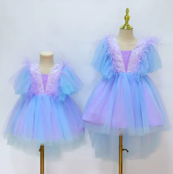 Mini Chic Collection | Pastel Tulle Toddler Frock with Ruffles, Fur & Sequins | V-Neck Party Dress with Cap Sleeves