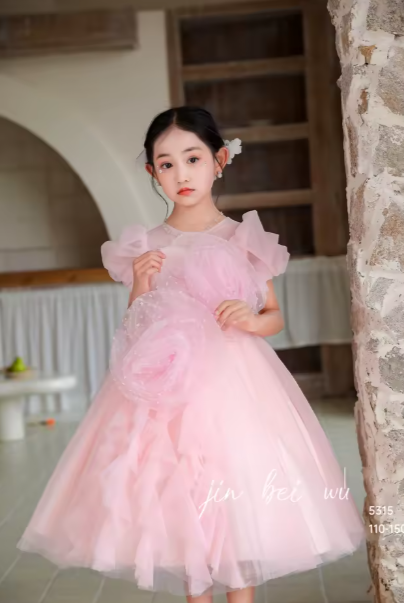 V Desi Vogue Tulle Flower & Ribbon Dress | Mid-Calf Puff Sleeve Party Gown for Girls in Pink, Sky Blue, White & Purple