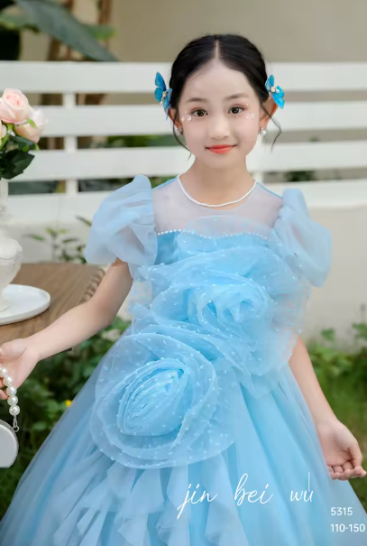 V Desi Vogue Tulle Flower & Ribbon Dress | Mid-Calf Puff Sleeve Party Gown for Girls in Pink, Sky Blue, White & Purple