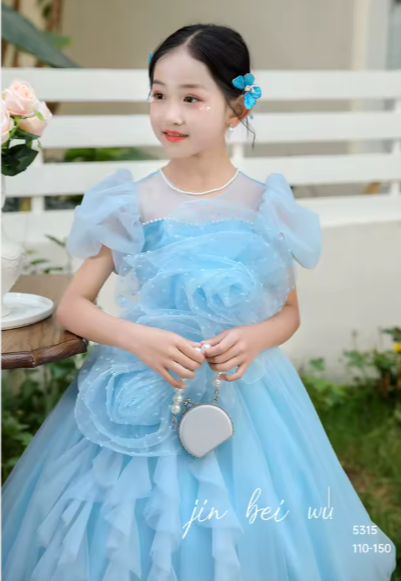 V Desi Vogue Tulle Flower & Ribbon Dress | Mid-Calf Puff Sleeve Party Gown for Girls in Pink, Sky Blue, White & Purple
