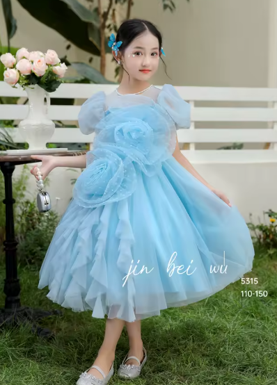 V Desi Vogue Tulle Flower & Ribbon Dress | Mid-Calf Puff Sleeve Party Gown for Girls in Pink, Sky Blue, White & Purple