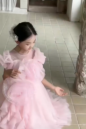 V Desi Vogue Tulle Flower & Ribbon Dress | Mid-Calf Puff Sleeve Party Gown for Girls in Pink, Sky Blue, White & Purple