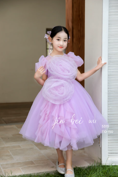 V Desi Vogue Tulle Flower & Ribbon Dress | Mid-Calf Puff Sleeve Party Gown for Girls in Pink, Sky Blue, White & Purple