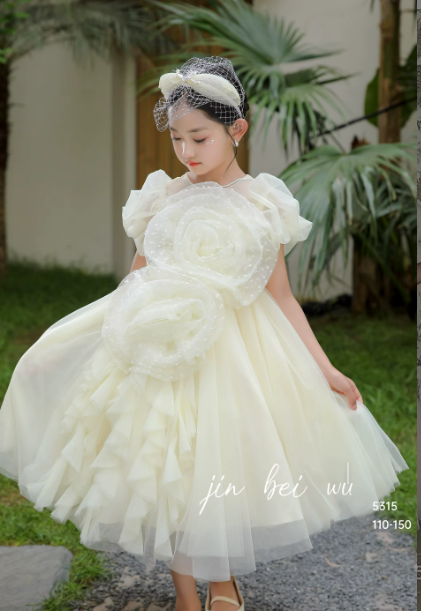 V Desi Vogue Tulle Flower & Ribbon Dress | Mid-Calf Puff Sleeve Party Gown for Girls in Pink, Sky Blue, White & Purple