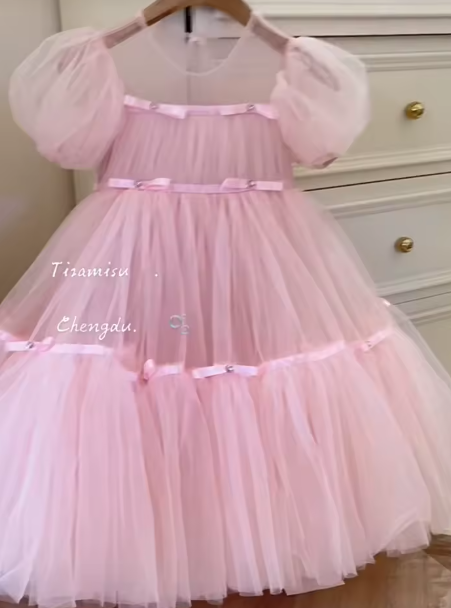 V Desi Vogue Pink Tulle Dress | Square Neck Mid-Calf Party Gown with Puff Sleeves & Ribbon Finish