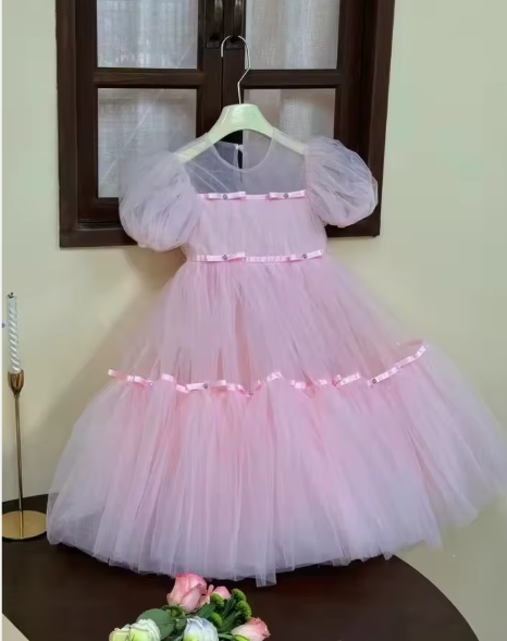V Desi Vogue Pink Tulle Dress | Square Neck Mid-Calf Party Gown with Puff Sleeves & Ribbon Finish