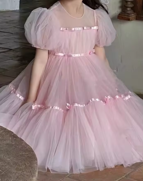 V Desi Vogue Pink Tulle Dress | Square Neck Mid-Calf Party Gown with Puff Sleeves & Ribbon Finish