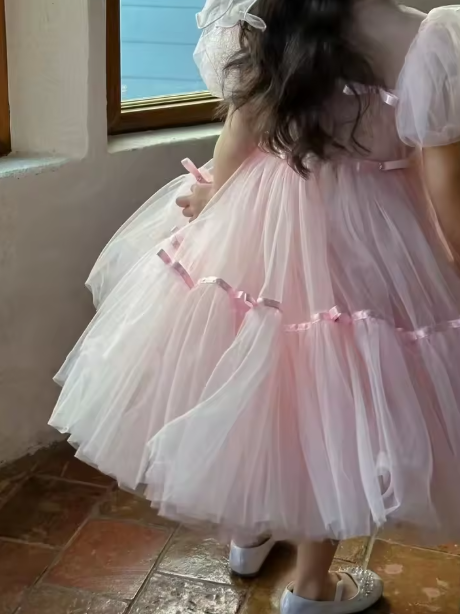 V Desi Vogue Pink Tulle Dress | Square Neck Mid-Calf Party Gown with Puff Sleeves & Ribbon Finish