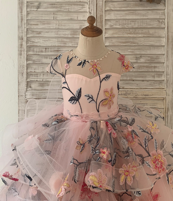 Little Angel Wedding Collection | Off-Shoulder Organza Party Gown with Floral Thread Embroidery for Teen Girls