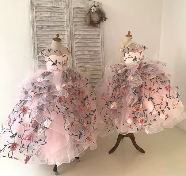 Little Angel Wedding Collection | Off-Shoulder Organza Party Gown with Floral Thread Embroidery for Teen Girls