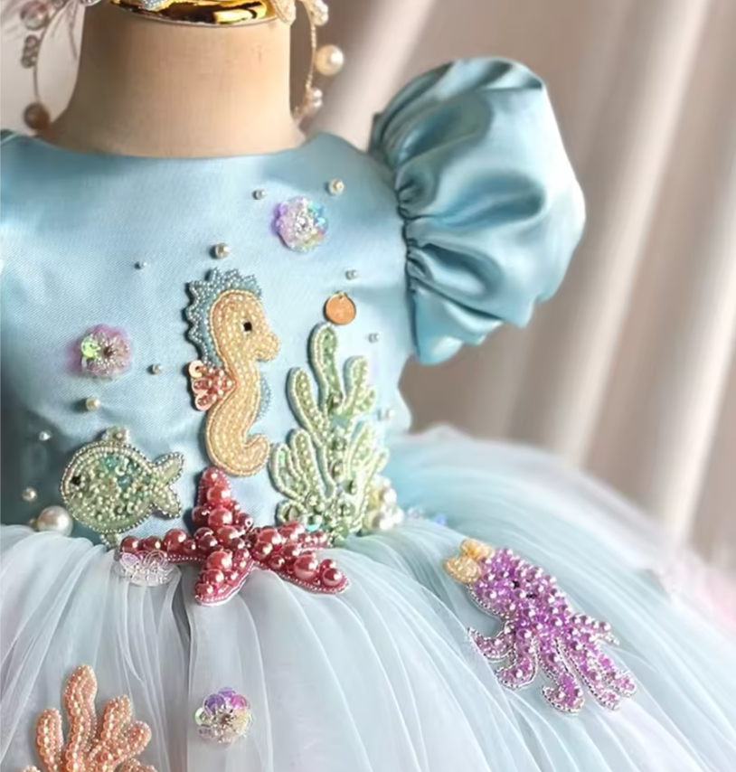 V Desi Girls’ Embroidered Party Dress – Sea Horse & Underwater Theme | Baby Girl Birthday Outfit | Puff Sleeve Princess Dress | Summer Birthday Outfit