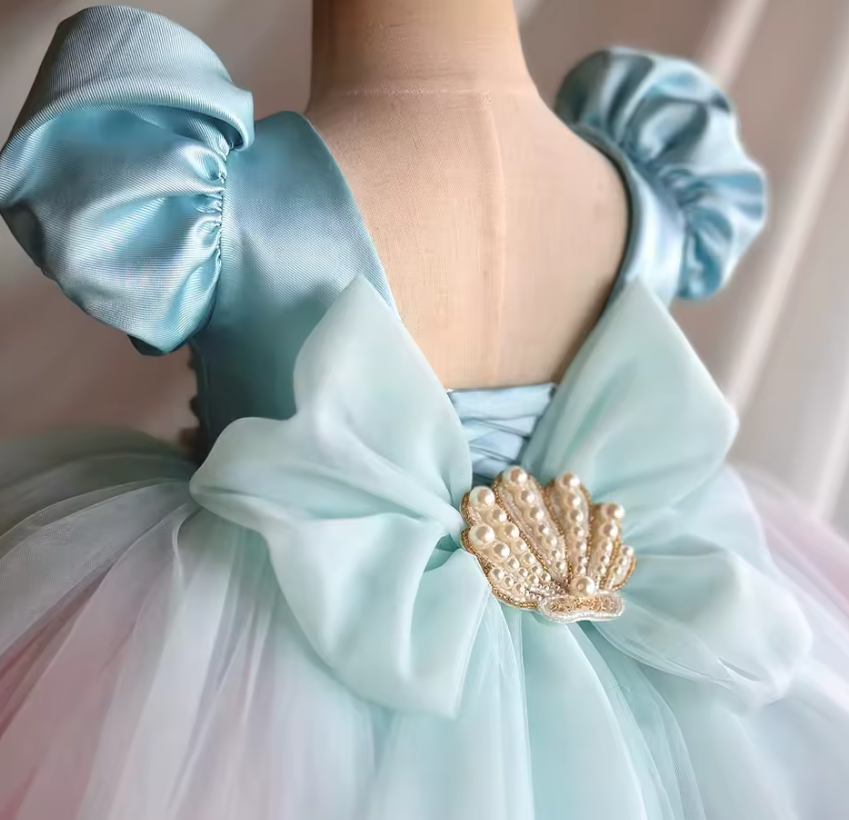 V Desi Girls’ Embroidered Party Dress – Sea Horse & Underwater Theme | Baby Girl Birthday Outfit | Puff Sleeve Princess Dress | Summer Birthday Outfit