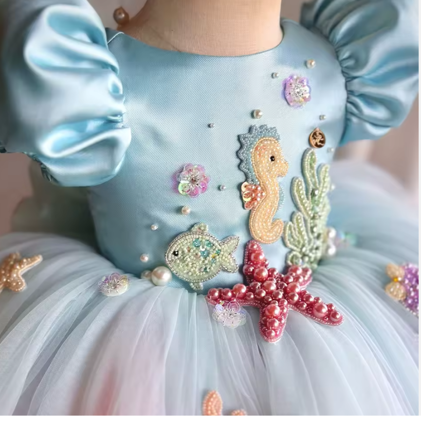 V Desi Girls’ Embroidered Party Dress – Sea Horse & Underwater Theme | Baby Girl Birthday Outfit | Puff Sleeve Princess Dress | Summer Birthday Outfit