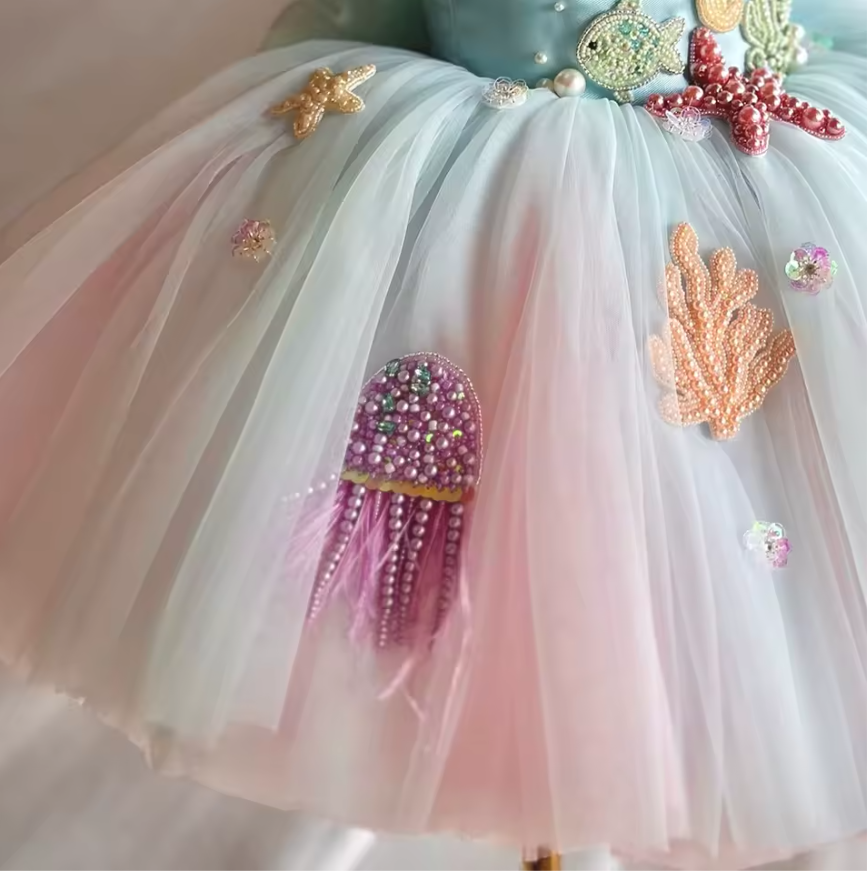 V Desi Girls’ Embroidered Party Dress – Sea Horse & Underwater Theme | Baby Girl Birthday Outfit | Puff Sleeve Princess Dress | Summer Birthday Outfit