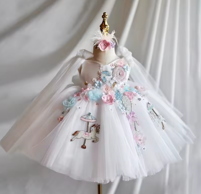 V Desi Girls’ Embroidered Party Dress 2025 – Floral Beaded Carousel Horse Princess Dress for Birthday & Weddings