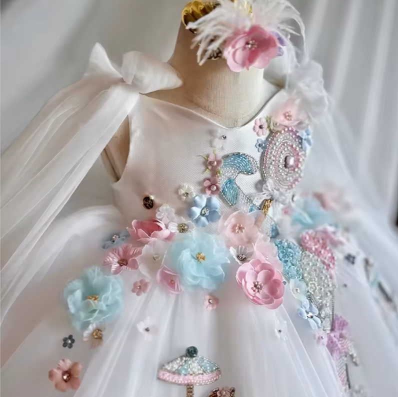 V Desi Girls’ Embroidered Party Dress 2025 – Floral Beaded Carousel Horse Princess Dress for Birthday & Weddings