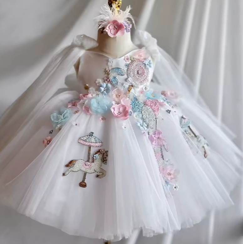 V Desi Girls’ Embroidered Party Dress 2025 – Floral Beaded Carousel Horse Princess Dress for Birthday & Weddings
