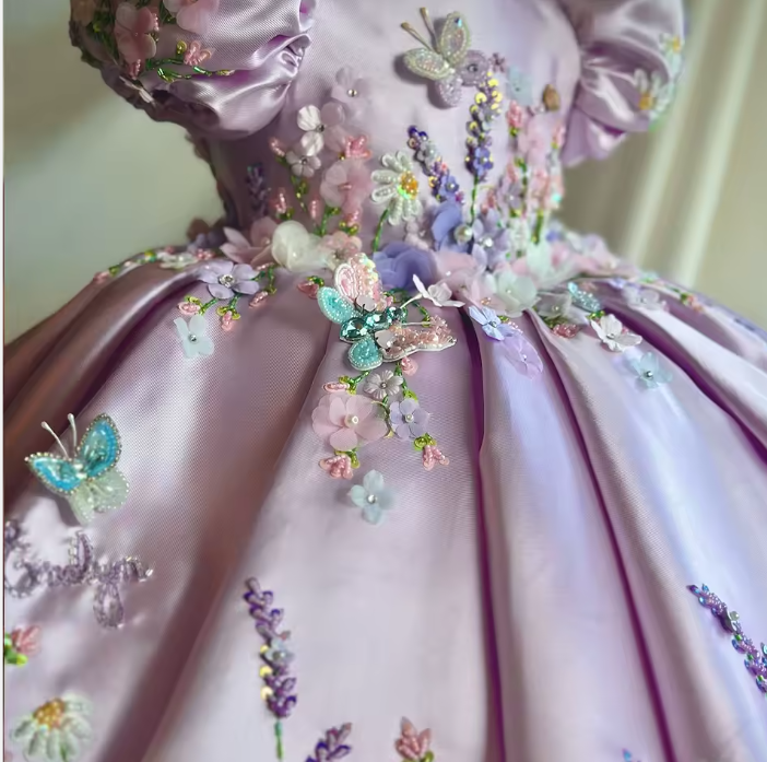 V Desi Purple Silk Girls’ Dress – Floral Embroidered Princess Dress with Custom Name Personalization